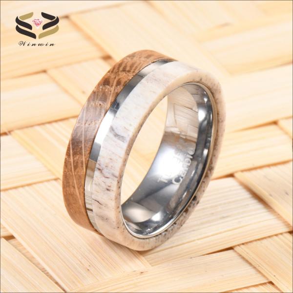 Bague de mariage vintage pour homme en carbure de tungstène avec incrustation en bois de baril de whisky et bois de cerf naturel de 8 mm, cadeau d'anniversaire