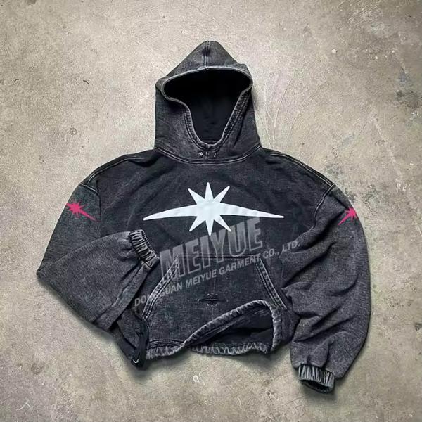 Custom Drop Shoulder Elastic Cuffs Designer Hoodie Men Denim Street Wear Hoodie Cropped Acid Washed Vintage Boxy Hoodie Men