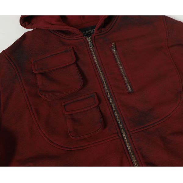 Winter Knitted Red/Burgundy/Black Vintage Washed Unisex Oversized Zipper-Up Hoodie with 3D Pattern Pocket-Windproof Breathable