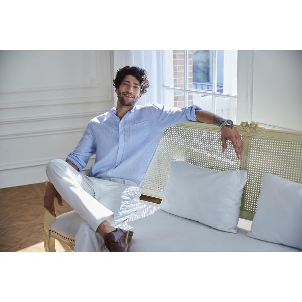 Multicolored Woven Custom Mens Casual Linen Shirts Banded Collar Standard Fit