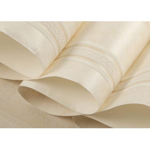 Beige Damask Pattern Non Woven Wallpaper / Embossed Living Room Striped Wallpaper