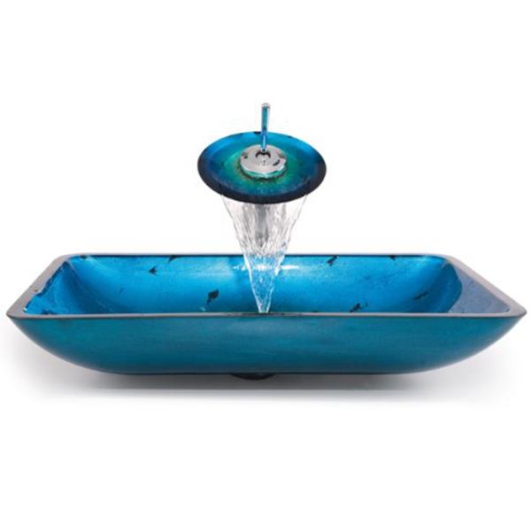 Irruption Light Blue Vintage Undermount Trough Bathroom Sink Glass Vessel With PU Chrome