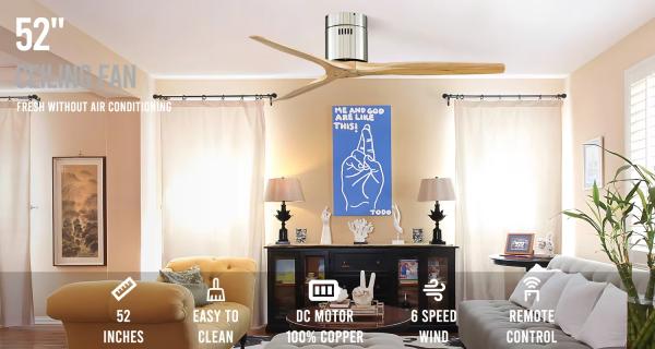 52 pouces ventilateur de lumière Ventilateur De Techo Salon intérieur Bldc Smart moderne 3 lames Ventilateur de plafond en bois avec lumière et télécommande