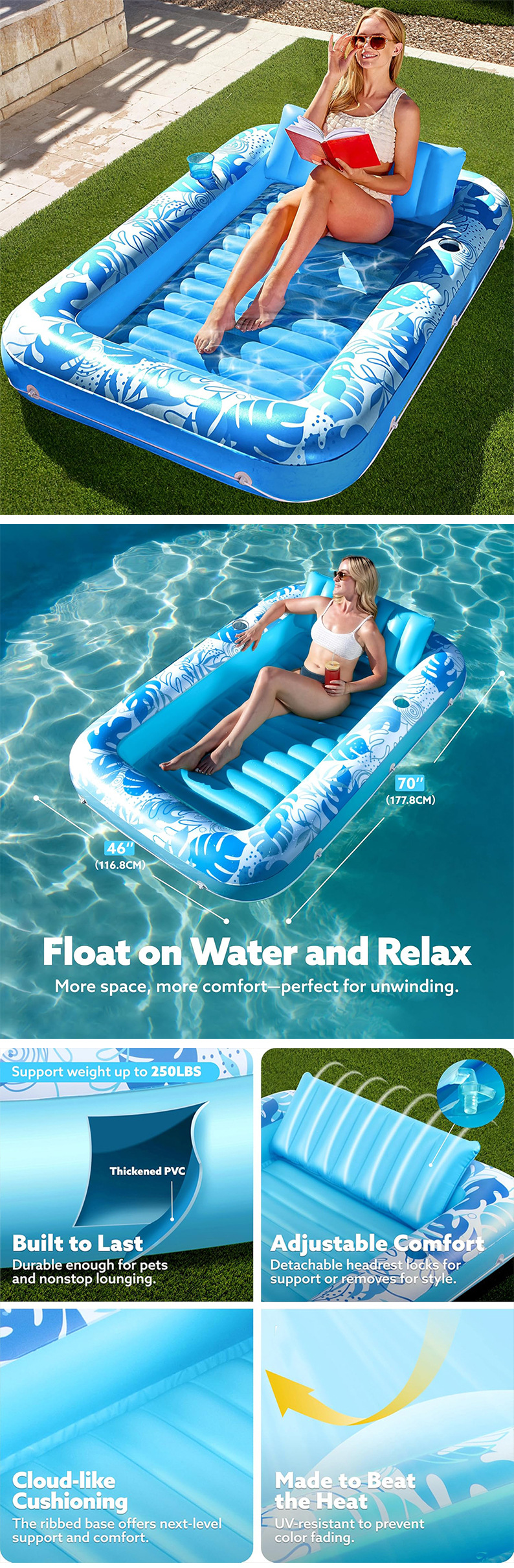 PVC Inflatable Floating Bed ,water Floating Bed with Backrest, Swimming Pool and Beach Dual Use Inflatable Floating Mattress Bed