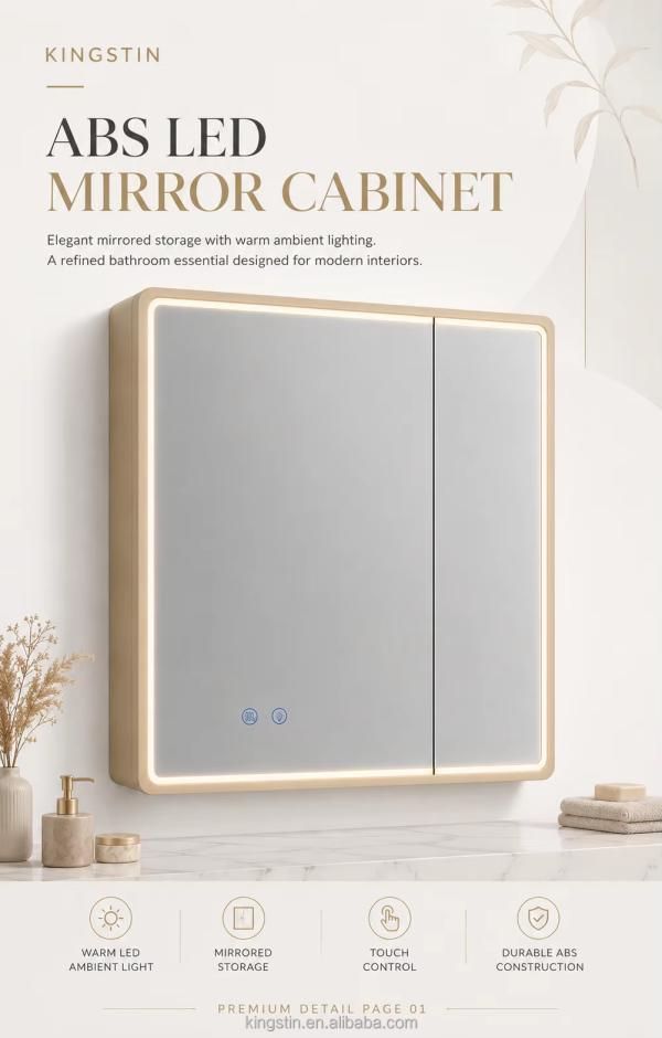 Kingstin Custom ABS LED Mirror Cabinet for Modern Bathrooms | 3 Color Light, Defogging, Bluetooth, Optional Android