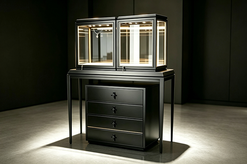 Dual-Unit Lockable LED Illuminated Jewelry Display Cabinet with Drawer Storage Base