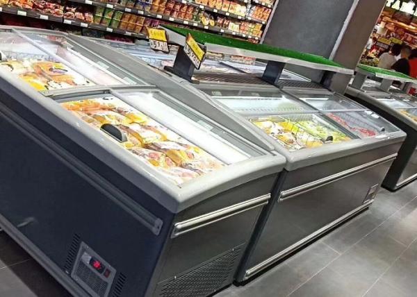 Refrigerar da estática do congelador da caixa da ilha da porta de vidro de deslizamento da grande capacidade