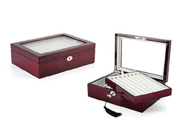 Wooden Cufflink Box  Large Luxury Glossy Lacquer Finish Display Case Glass Lid