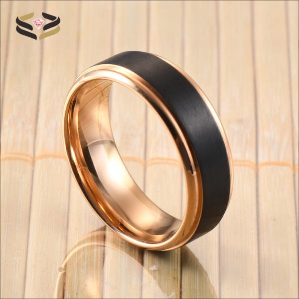 Anillos de titanio para boda, dos tonos, negro y oro rosa, mate cepillado, 8 mm, para hombre y mujer