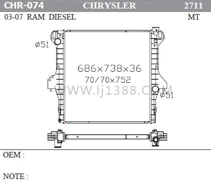 RAM Diesel'03-07 CHRYSLER Car Radiator 36mm Thickness 51mm Inlet / Outlet Size