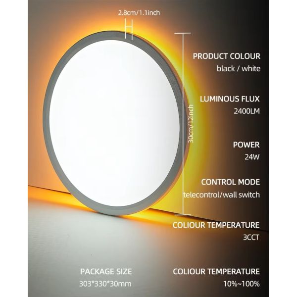 24W Ultra Thin LED Round Ceiling Light Remote Control Flush Mount For Living Room