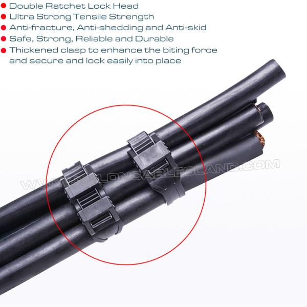 Bridas doble cierre /presillas bridas con doble cabezal plano, negras, nylon (PA) 6.6, 760 x 9mm, 110 lb, 500 N, Ø20~220mm, uso exterior