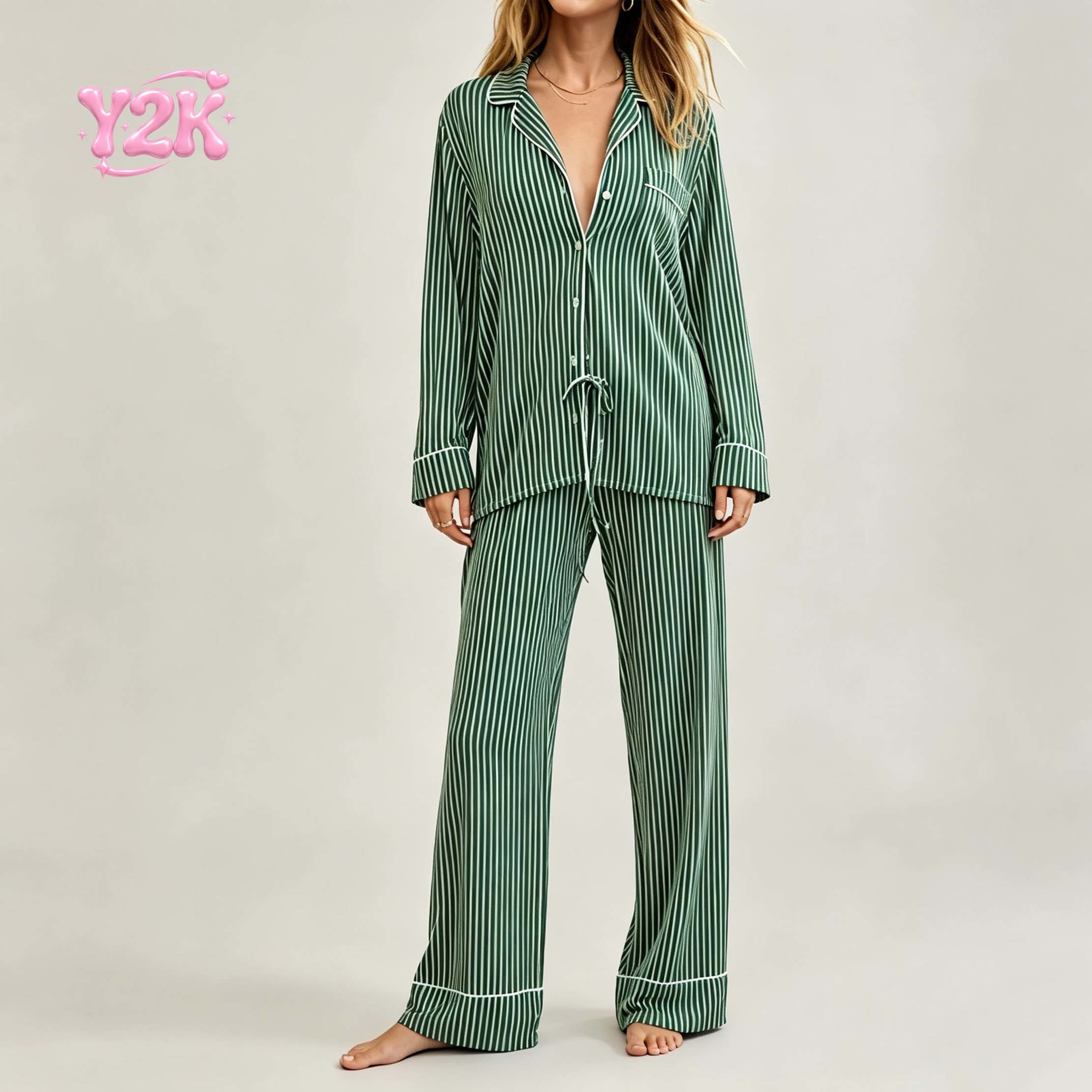 Custom Women's Striped Button Shirt Wide Leg Pajama Set