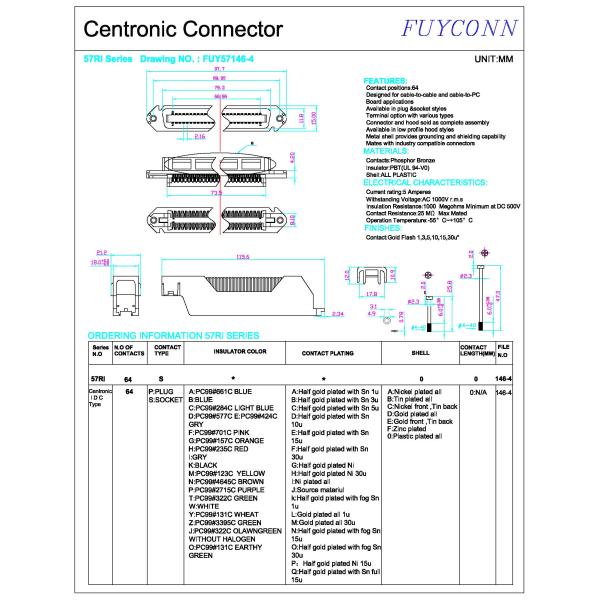 Centronics 64 разъем-розетка Pin IDC с l формирует пластиковую крышку