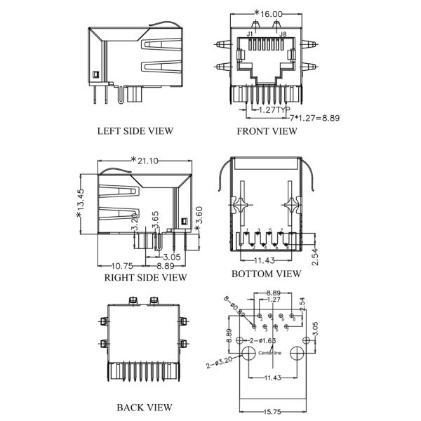 1X1 10 100Base-Tx RJ45 Single Port / RJ45 Ethernet Jack Without LEDS Tab Down