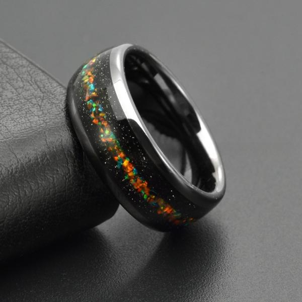 Silver 8mm Dome Nebula Rings Tungsten Colorful Opal Inlay Ring Blue Sandstone Inlay Galaxy Wedding Ring for Men