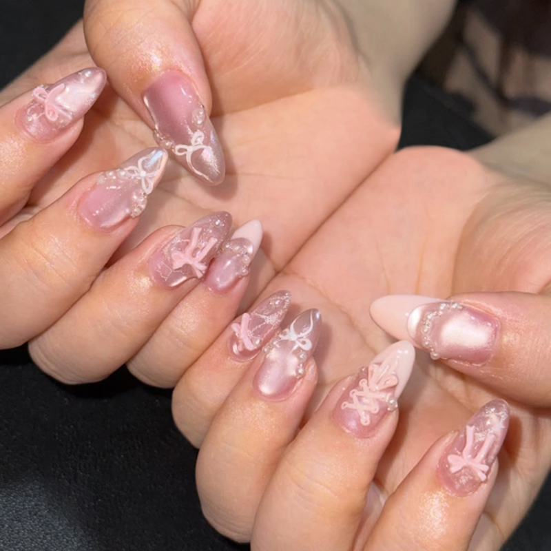 Long French Cat Eye Press On Nails Almond 3D Design Grunge Style