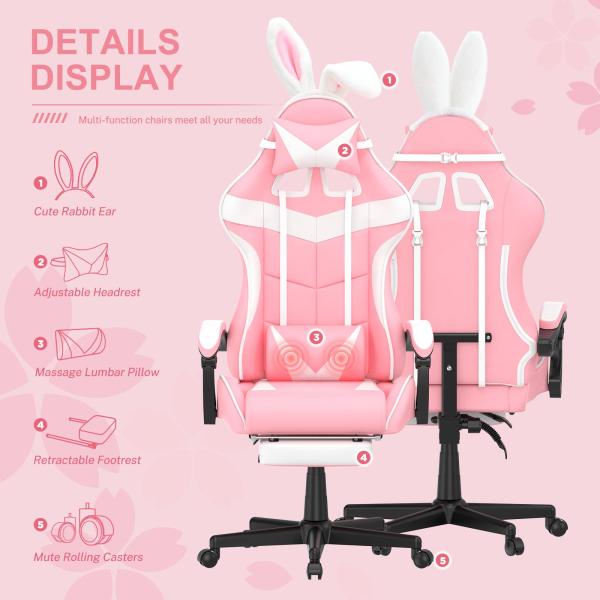 Swivel Chair Pink Gaming Chair with Footrest and Adorable Bunny Design Mail Packing