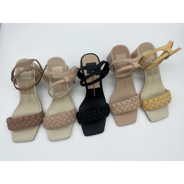 Tan Woven Ladies Soft Leather Sandals Peep Toe With Metal Buckle