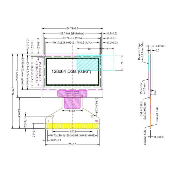 0.96 дюймов 128х64 точек Бело-синий двойной цвет 30 пин OLED дисплей Внутренний постоянный ток / постоянный ток Внутри