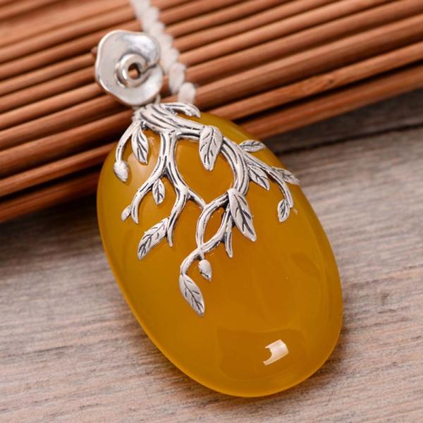 Women Fashion Three Leaves 925 Sterling Silver Synthetic Yellow Chalcedony Pendant Necklace(N808064)