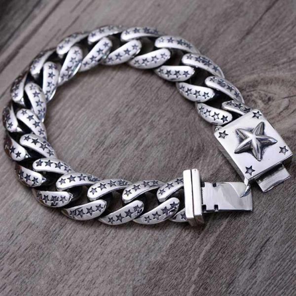 Sterling Silver Heavy Chunky Cuban Curb Link Engraved Stars Mens Bracelet (058880)