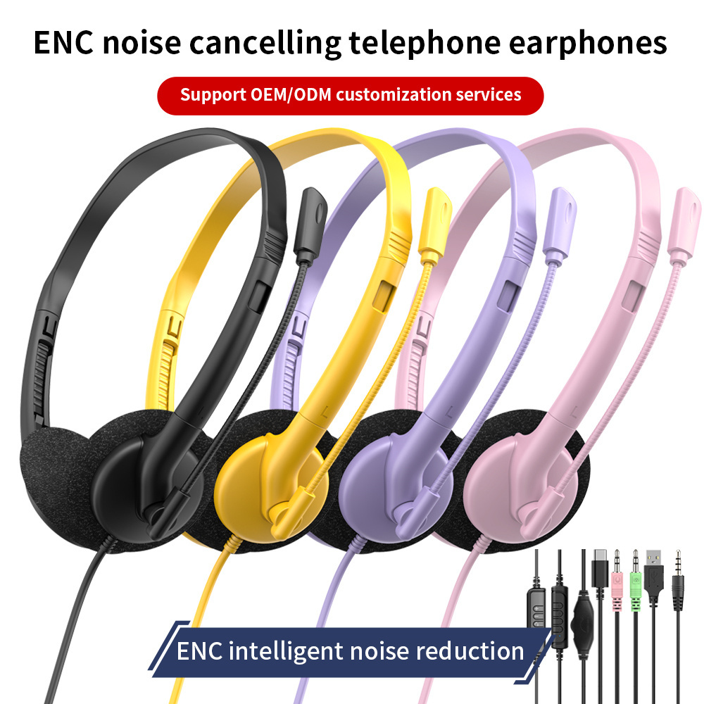 Lightweight wired telephone headset with ENC noise‑cancelling flexible boom microphone. Supports USB, Type‑C & 3.5mm jack, perfect for call centers, remote work, online meetings and classes，OEM & ODM