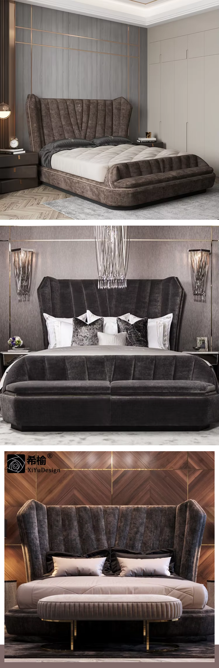 Luxe Leather Back Super Kingsize Frame Leather Bed 1.8 M Double Sample Design Bedroom Suite Set Furniture King Size Bed