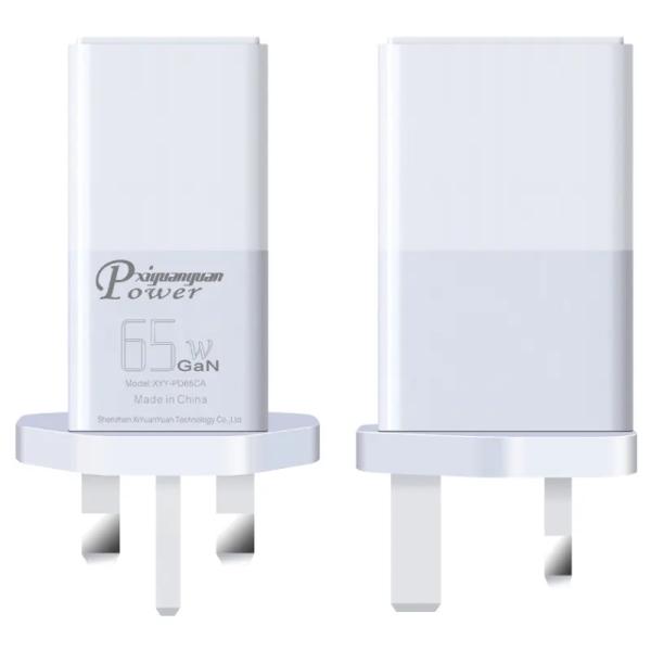 Cargador de pared de 2 clavijas del Reino Unido con puertos USB-C y USB-A, adaptador de corriente de alta velocidad de doble puerto de 65W para portátil/teléfono/tableta