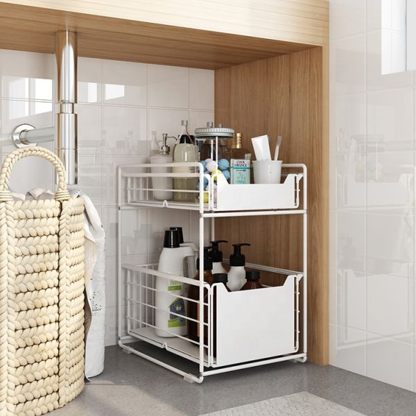 Upgraded Foldable Push-pull Metal Double-layer Bathroom Storage Organizer Under Sink Storage Rack for Kitchen Cabinet Countertop