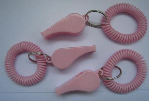 Fashionable Solid Pink Round Wrist Band Spiral Coil w/Key Ring and School Whistle