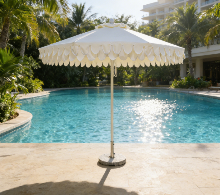 9FT Octagonal White Umbrella with Double Scalloped Fringe for Patio Deck  Garden