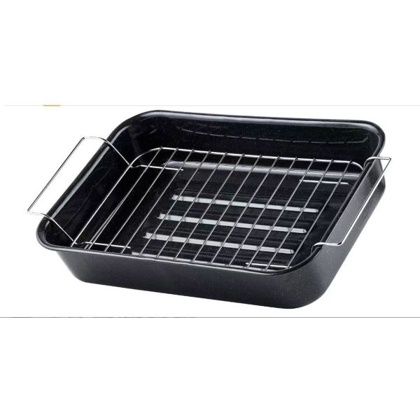 Black Handmade Enamel Oval Roasters With Stainless Steel Rack Customized Logo