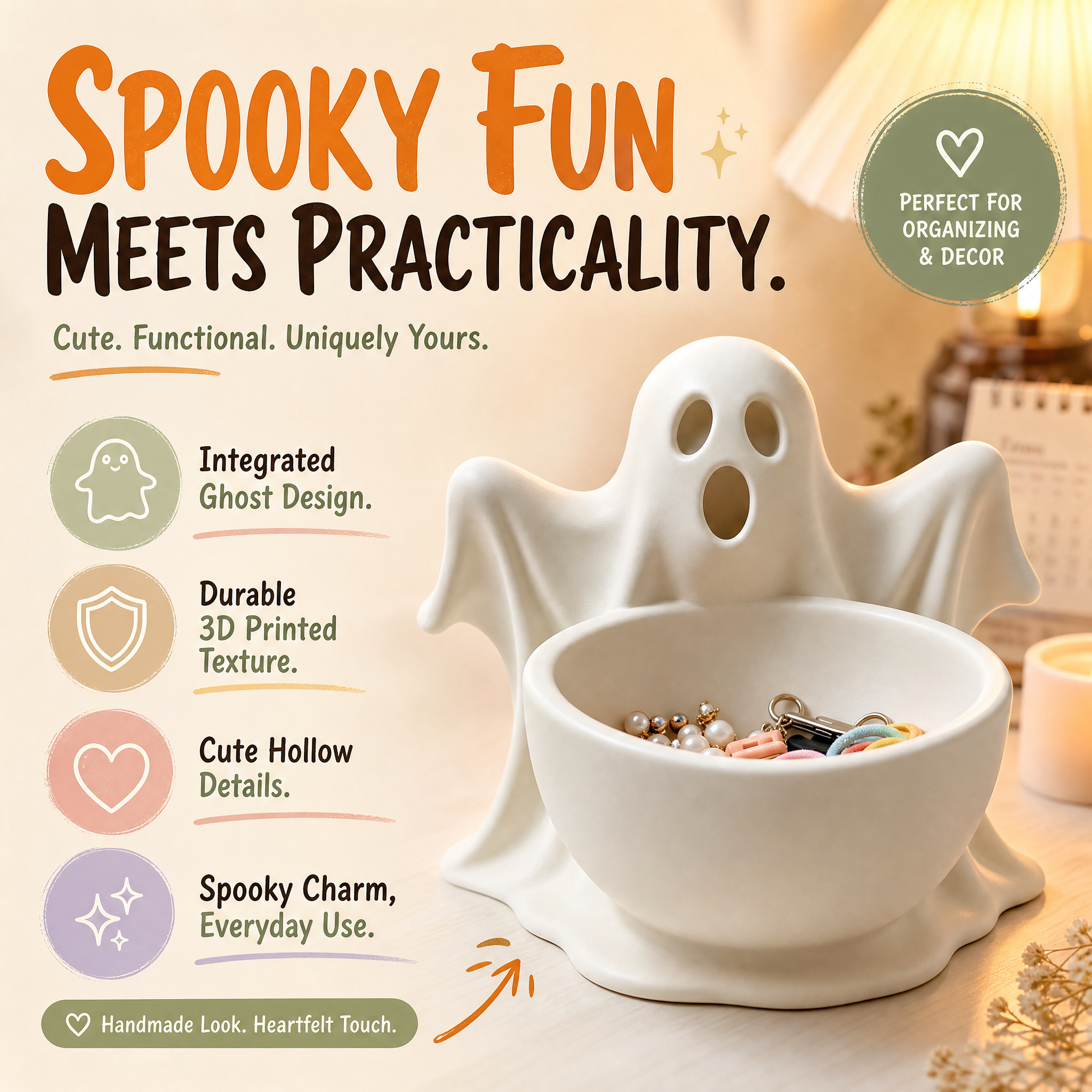 Hollow Facial Ghost Container, 3D Printed Holiday Decoration for Succulent Plant & Small Ornament Display