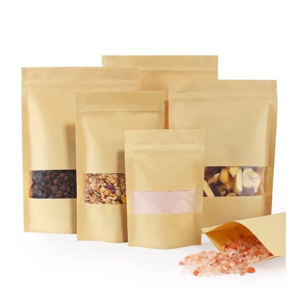 Wholesale Custom Clear Window Resealable Food Grade Packaging Kraft Paper Stand up Pouch for Food Storage