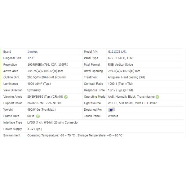 12.1Inch High Brightness Display 1000cd/m2 -30 ~ 85 °C Lcd LVDS Screen G121XCE-LM1