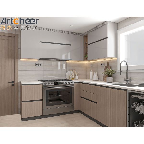 U Shape Kitchen Cabinet with Quartz Stone Table Top, 3 Years Guarantee, and Customized Color