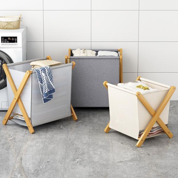 Bathroom Standing Type Collapsible Laundry Basket with Removable Bag Wood Dirty Clothes Storage Organizer X Frame Hamper
