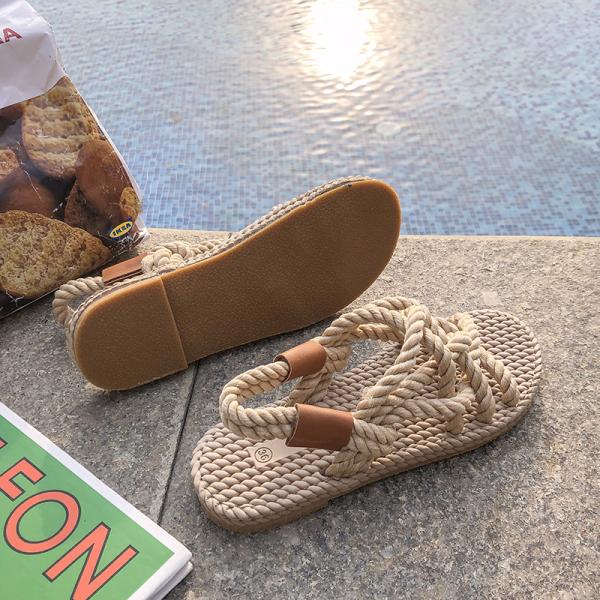 Y-Z Bohemian Summer comfort Women Ladies New Fashionable Open-toe Hemp Rope Woven Roman Flat Sandals