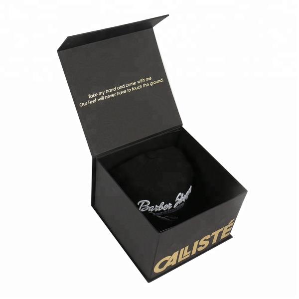 Wholesale Custom Logo Black Magnetic Gift Packaging Folding Hat Box Paper Rigid Cardboard