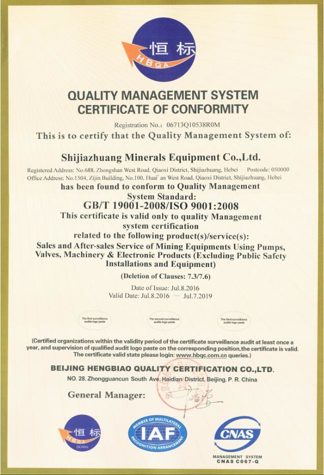 Shijiazhuang Minerals Equipment Co. Ltd Сертификации
