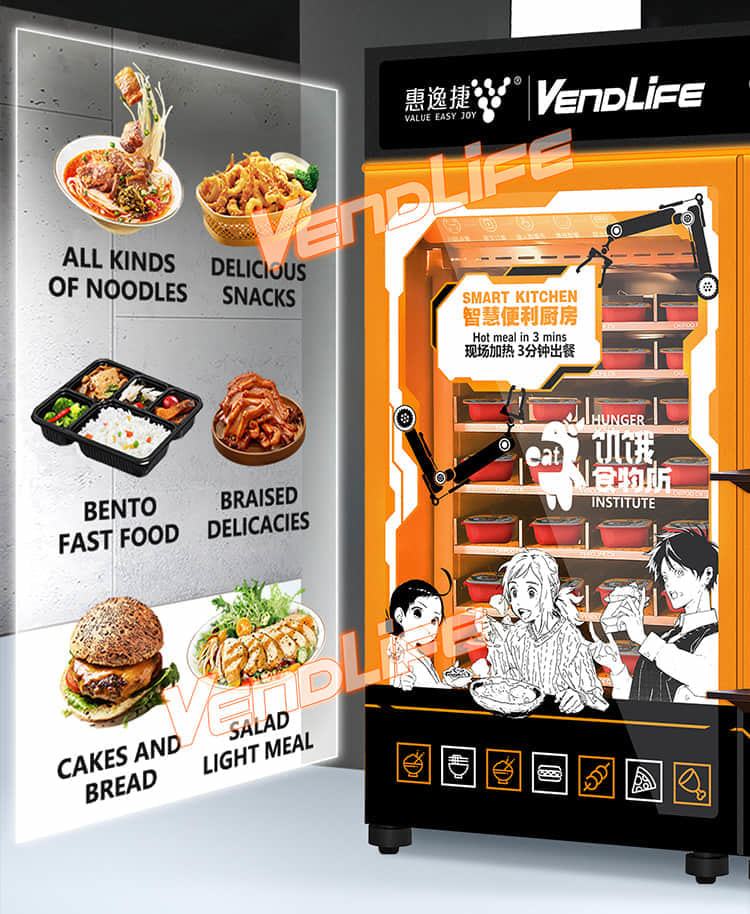 VendLife Dual Microwave Bento Vending Machine: 24/7 hot meal vending kiosk. 2x4000W, 45s, 110-168 boxes, QR & face-pay. Offices, factories. Operators, wholesalers, vending entrepreneurs.