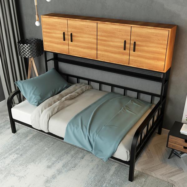 Kid's Single Dormitory Bed Loft Bunk Bed Sets with Wood Storage Boxes and Metal Frame