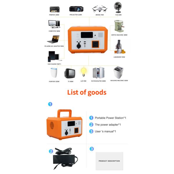 600W Portable Power Station with Lithium Iron Phosphate Battery and Pure Sine Wave AC Output