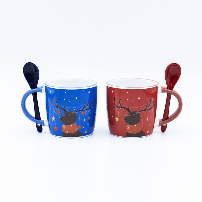 Ceramic 340 Ml Christmas Coffee Mugs Bulk With Spoon In Handle And Colorful Rim For Festival Celebration