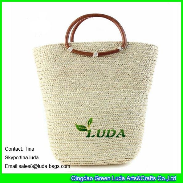 LUDA white straw handbags round wooden handles wheat straw large tote bags