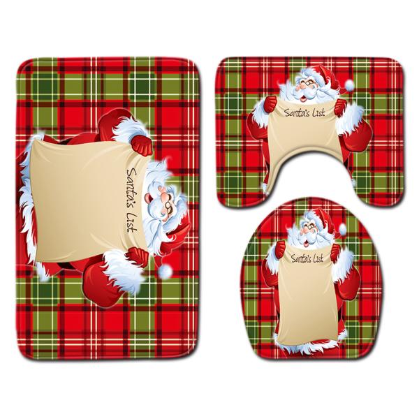 Santa Christmas Toilet Seat Cushion Polyester 3 Piece Bath Rug Set