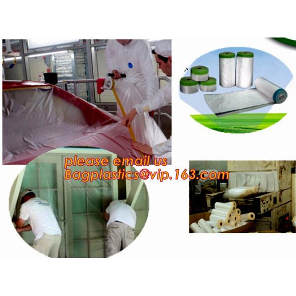 Disposable PE pre-taped self static cling masking film, Cover mask plastic drop film PE protection film with tape, BAGEA