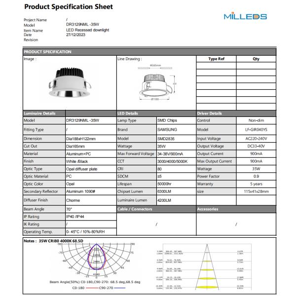 Recessed 35W SMD downlight hotels Aluminium Supermarket shopping center Anti-Glare SAMSUNG LED downlight