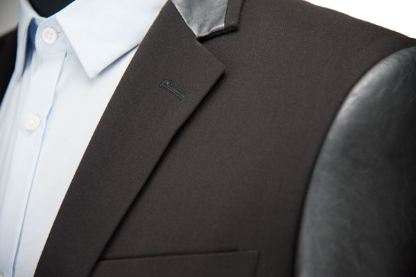 Leather Sleeves Mens Tailored Casual Blazer Jacket , Mens Black Blazer Jacket